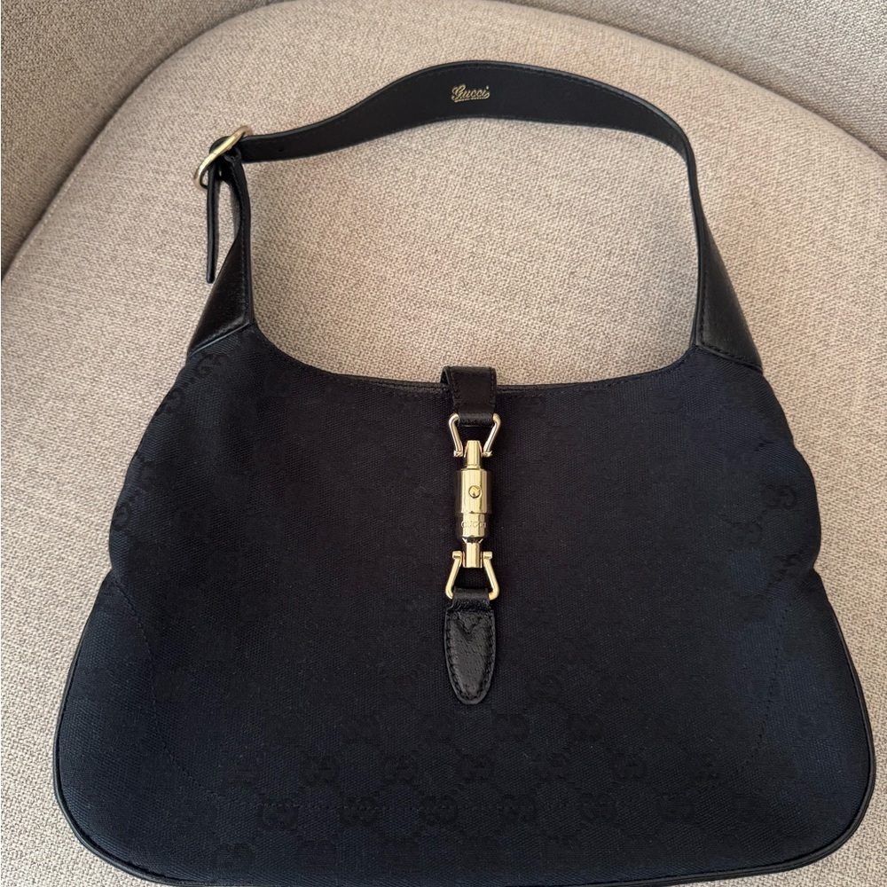 Gucci Jackie O Shoulder Bag Black Canvas with Gold Hardware